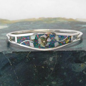 Mexican Bracelet Taxco Alpaca Silver Vintage Abalone Shell Crushed Stone